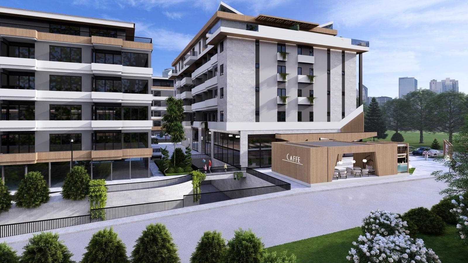 Ulični pogled sa zelenilom i kafićem